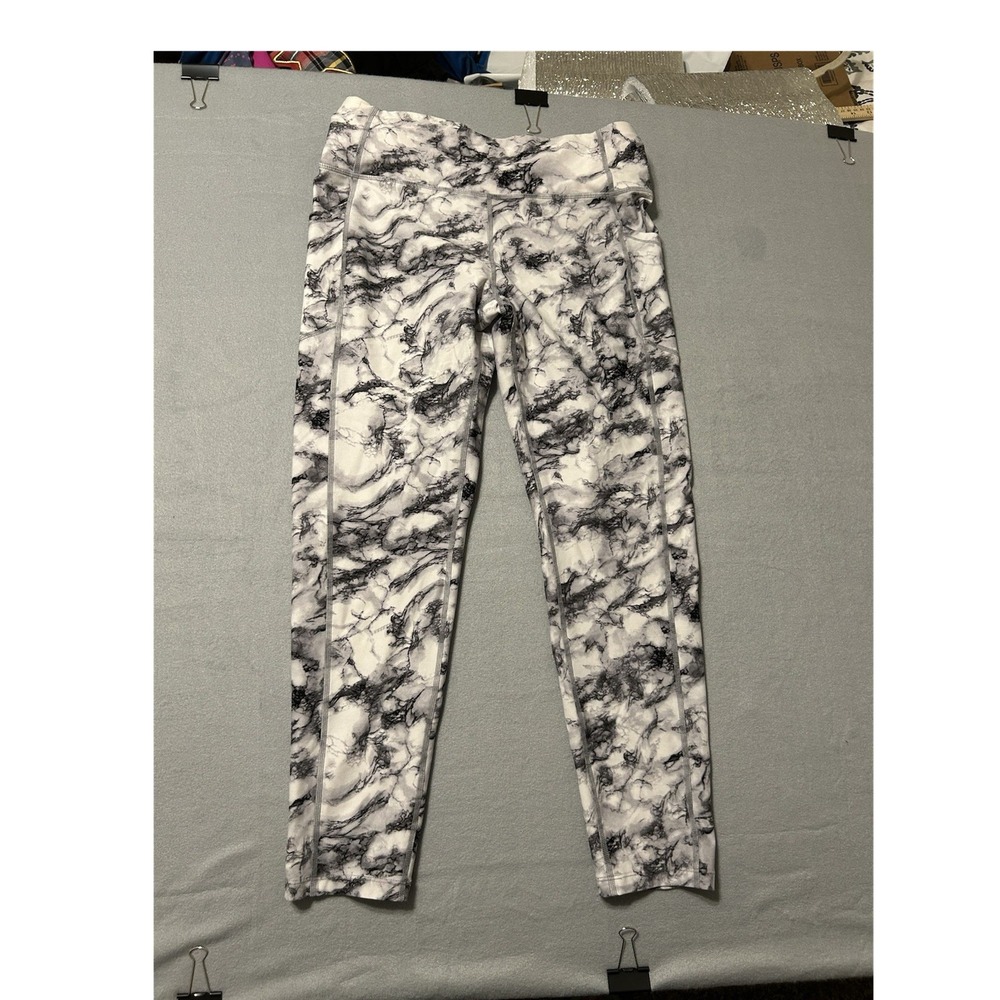 Calvin Klein Performance‎ Womens Marble Print Leggings Black White Pockets Large